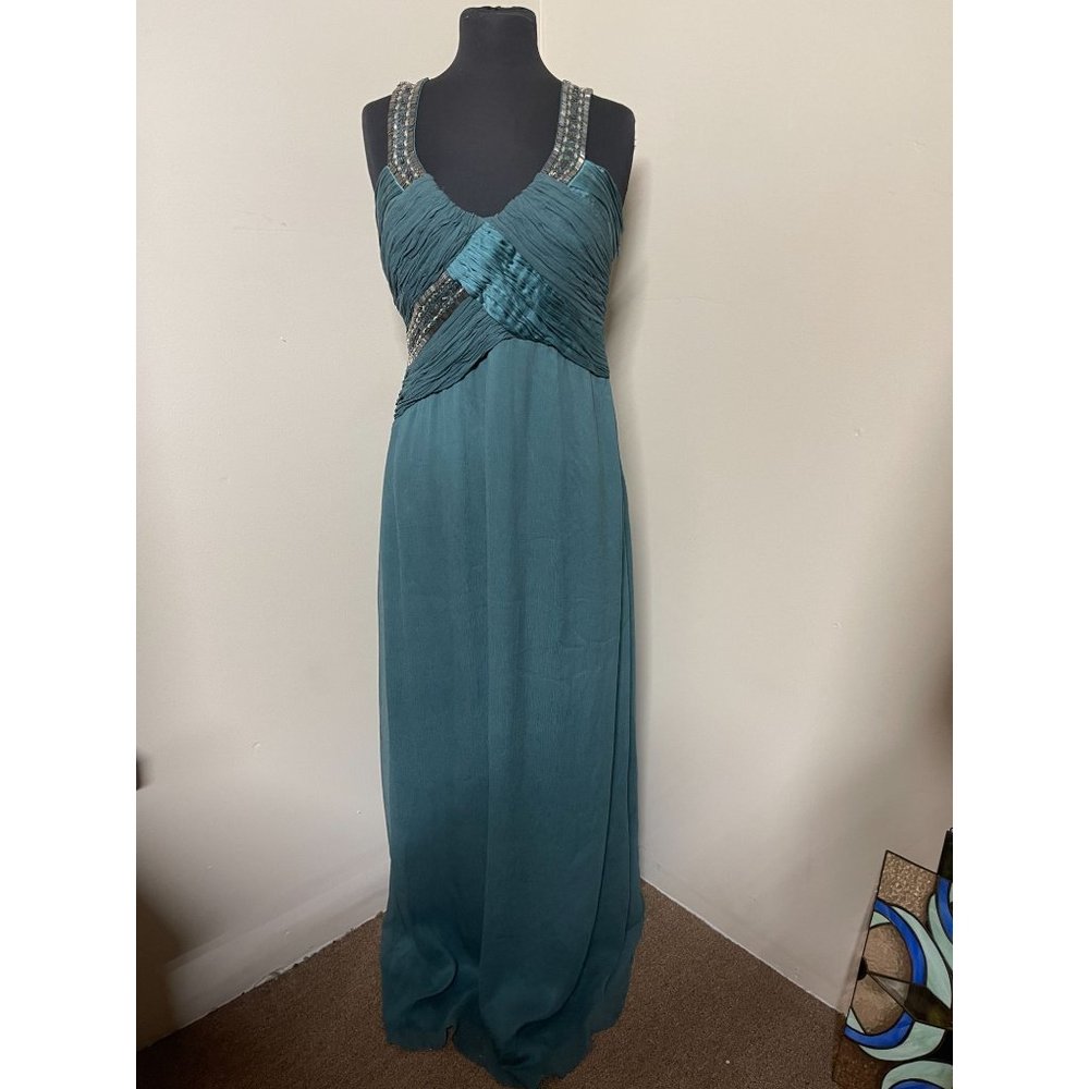 Carlos Miele Teal Beaded Strap Prom Gown